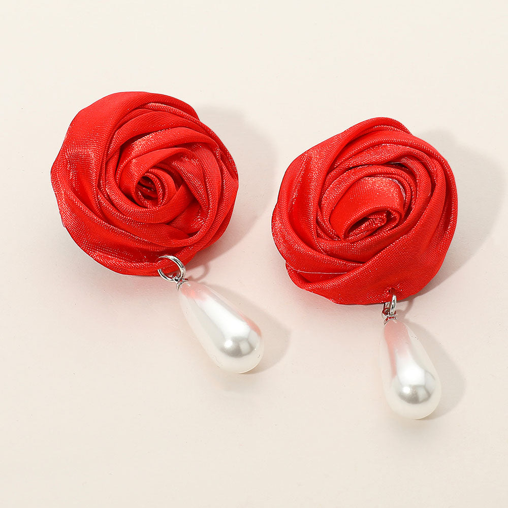 Madeline Love Red Teardrop Pearl Dangle Satin Rose Earrings