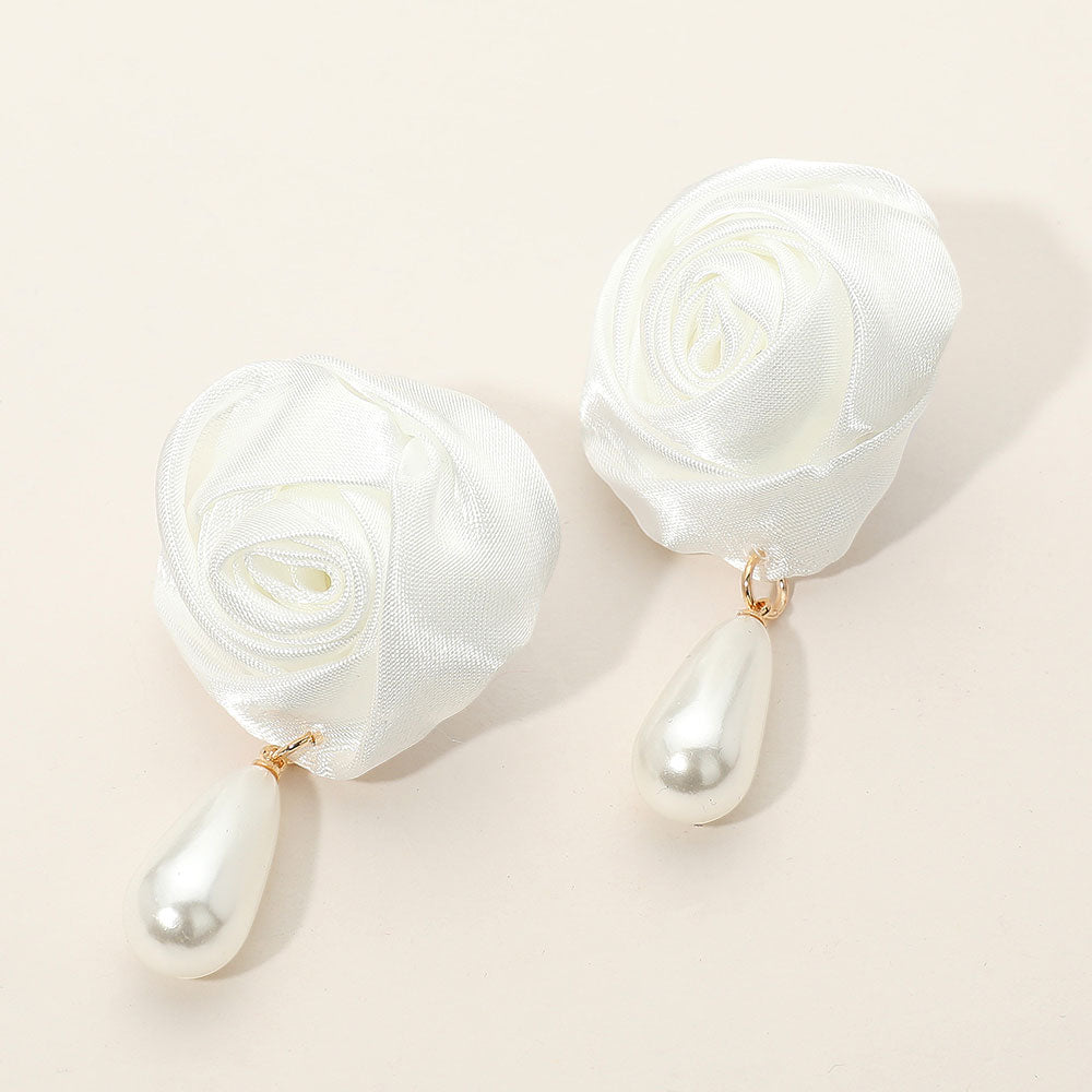 Madeline Love White Teardrop Pearl Dangle Satin Rose Earrings