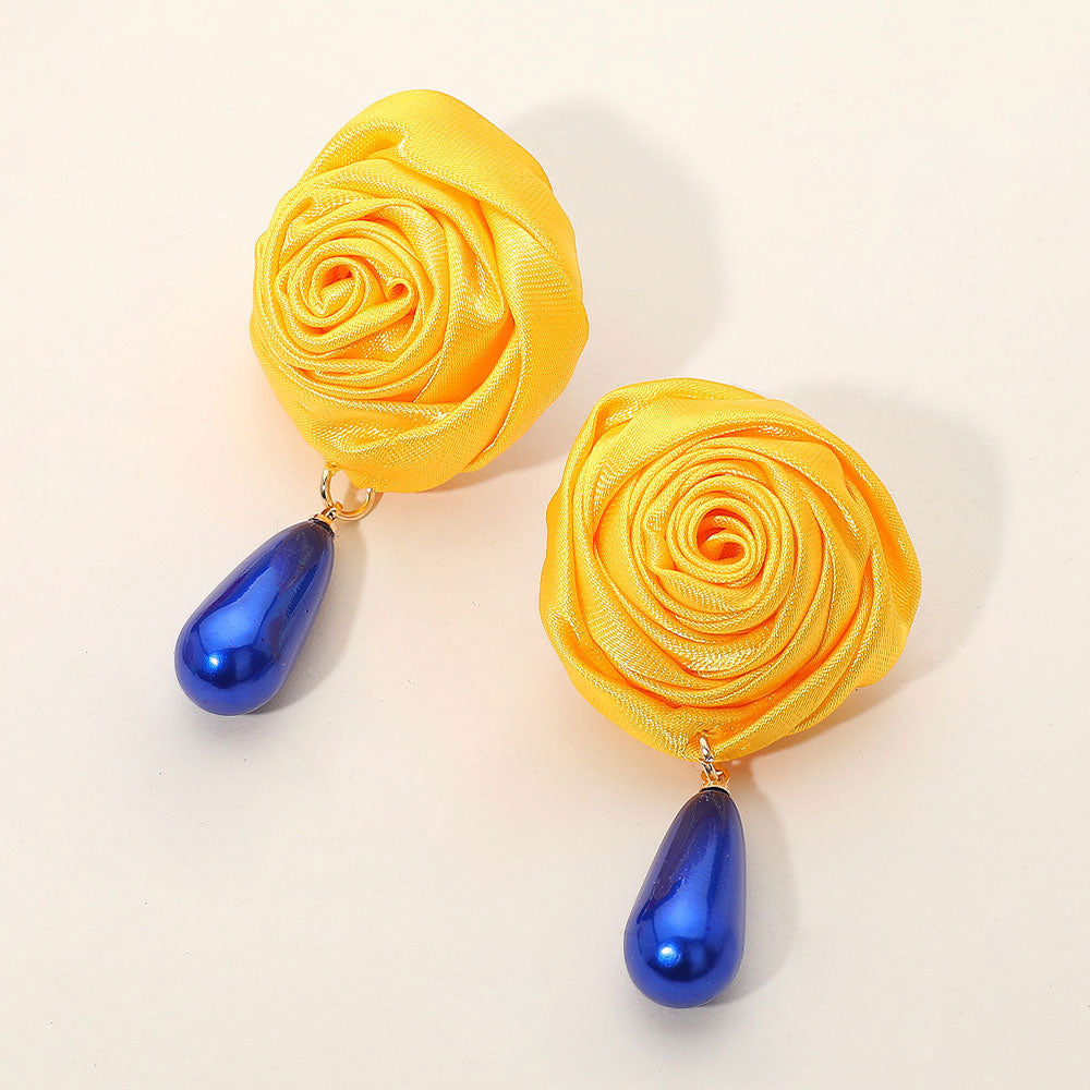 Madeline Love Yellow Teardrop Pearl Dangle Satin Rose Earrings