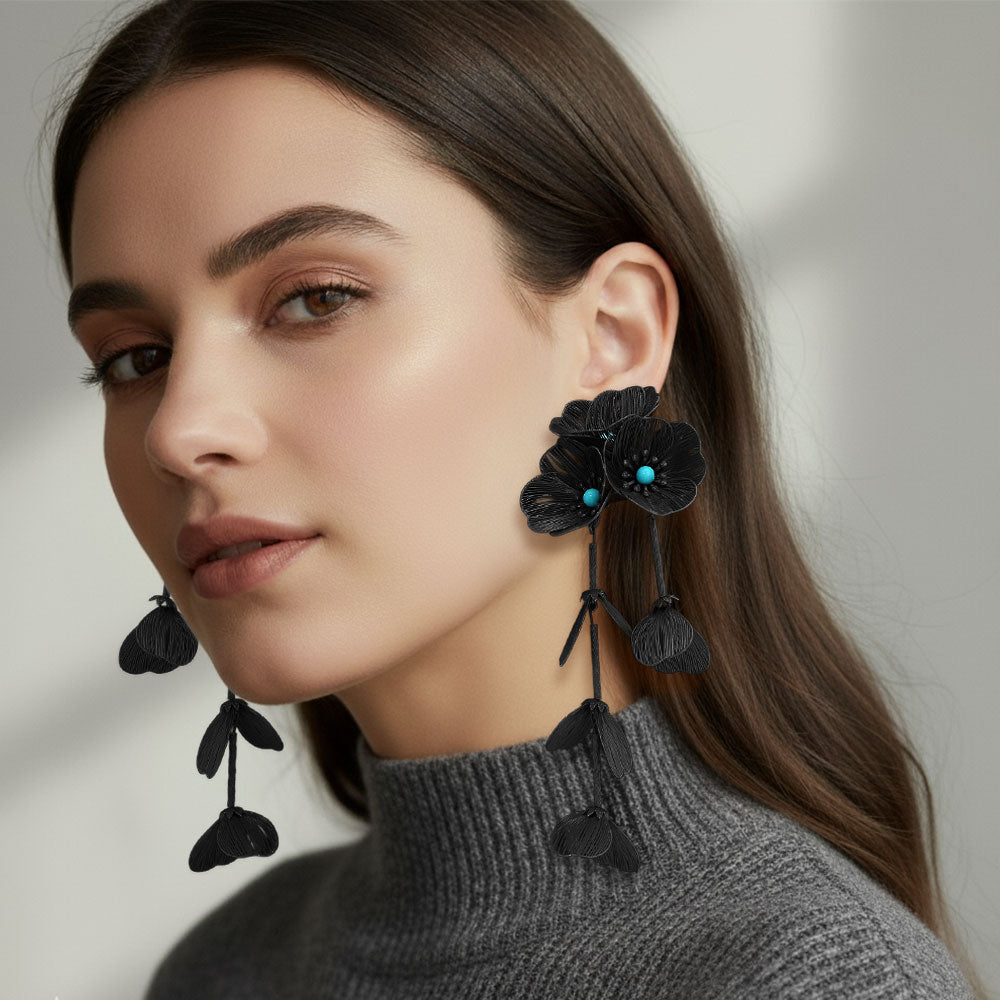 Madeline Love Black Bold Cutout Floral Drop Statement Earrings - extra