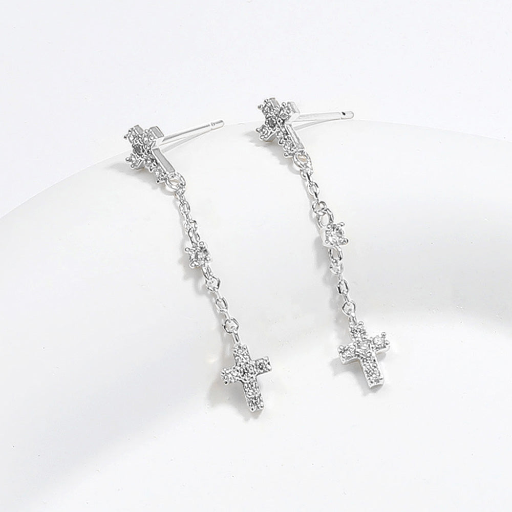 Madeline Love Clear, Rhodium Stone Paved Cross Link Dropdown Brass Earrings