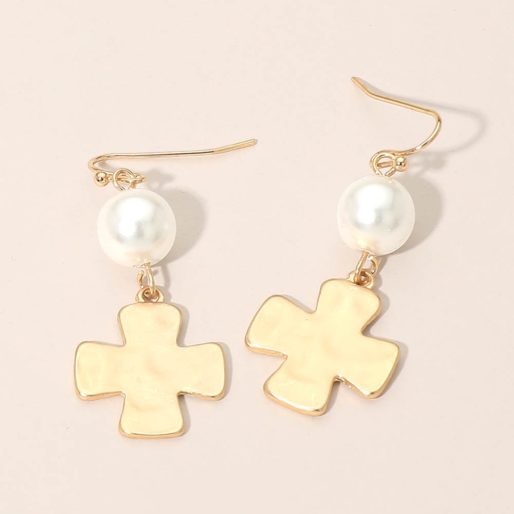 Madeline Love Gold Matte Hammered Metal Cross Pearl Link Drop Earrings