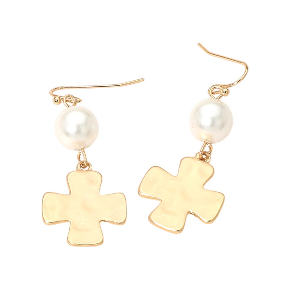 Madeline Love Gold Matte Hammered Metal Cross Pearl Link Drop Earrings - desc