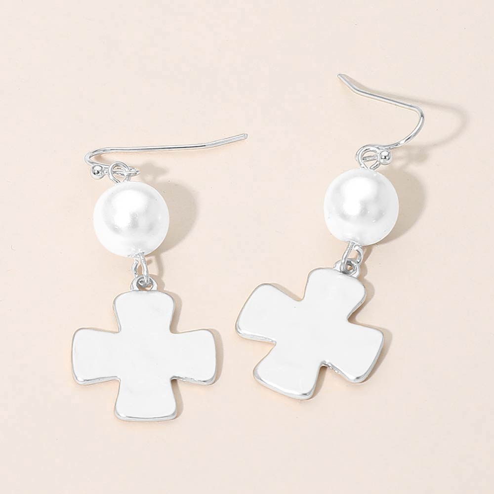 Madeline Love Silver Matte Hammered Metal Cross Pearl Link Drop Earrings