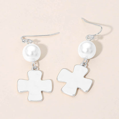 Madeline Love Silver Matte Hammered Metal Cross Pearl Link Drop Earrings