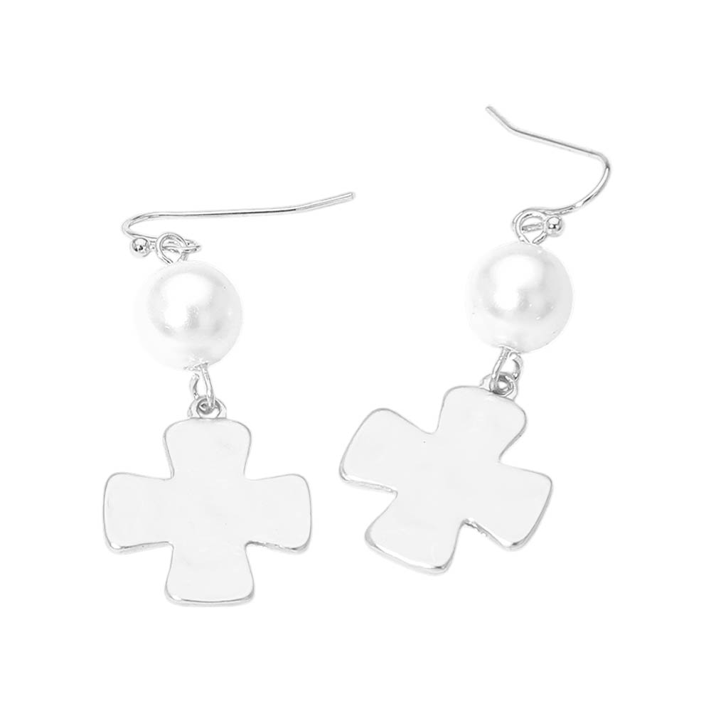 Madeline Love Silver Matte Hammered Metal Cross Pearl Link Drop Earrings - desc