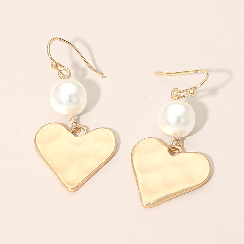 Madeline Love Gold Matte Hammered Metal Heart Pearl Link Drop Earrings