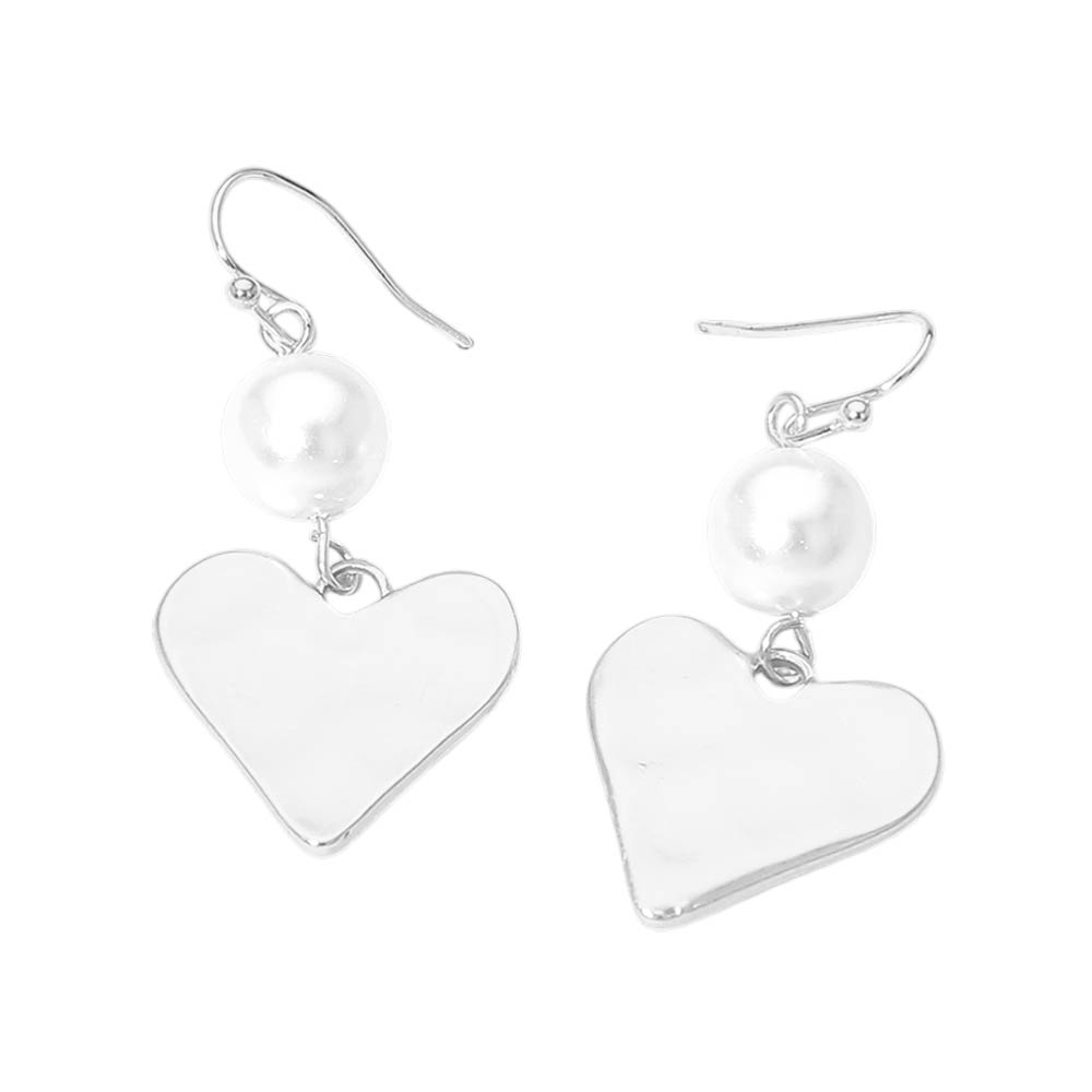 Madeline Love Silver Matte Hammered Metal Heart Pearl Link Drop Earrings - desc