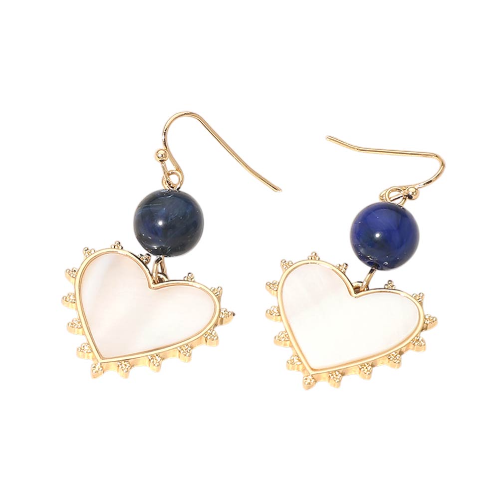 Madeline Love Blue Bead Mother of Pearl Heart Charm Link Drop Earrings - desc