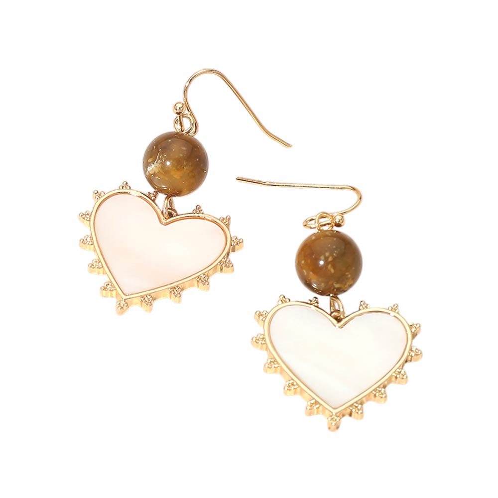 Madeline Love Brown Bead Mother of Pearl Heart Charm Link Drop Earrings - desc
