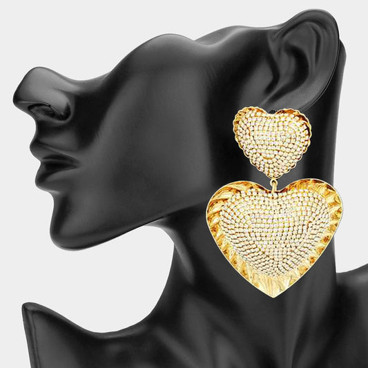 Madeline Love Clear, Gold Oversized Stone Paved Heart Dangle Earrings