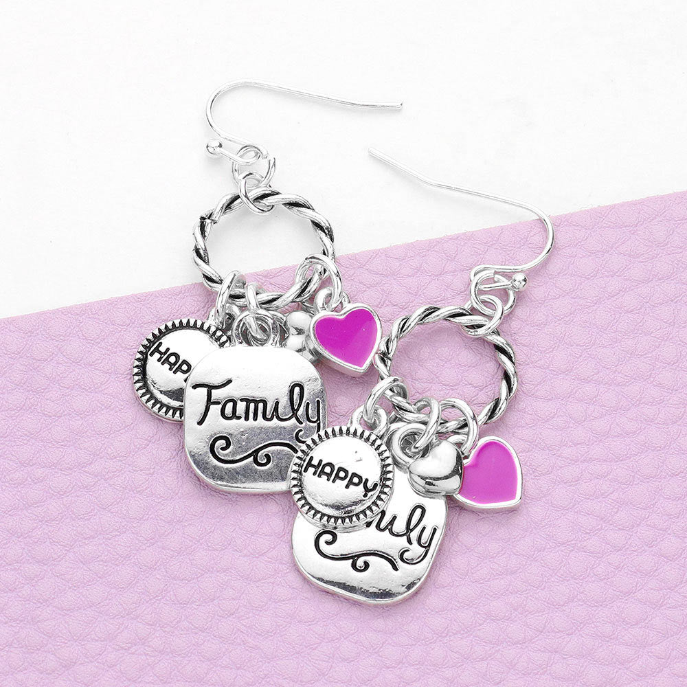 Madeline Love Antique Silver Braided Open Circle Happy Family Enamel Heart Dangle Earrings