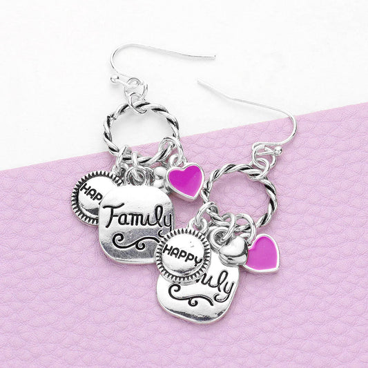Madeline Love Antique Silver Braided Open Circle Happy Family Enamel Heart Dangle Earrings