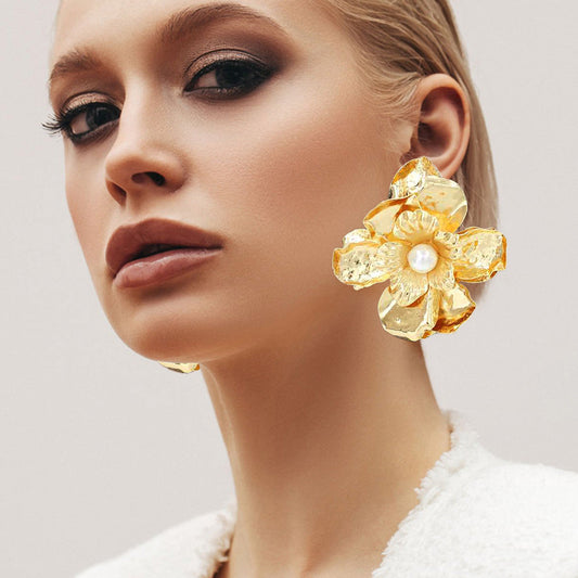 Madeline Love Gold Oversized Pearl Pointed Hammered Metal Petal Flower Earrings