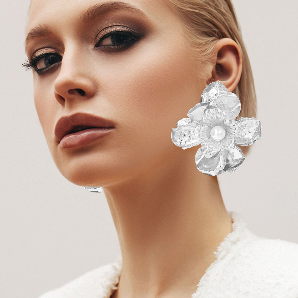 Madeline Love Rhodium Oversized Pearl Pointed Hammered Metal Petal Flower Earrings