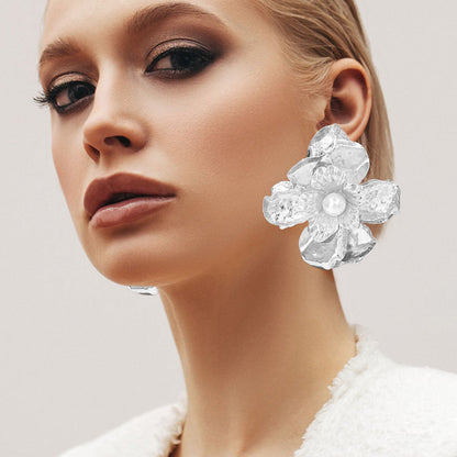 Madeline Love Rhodium Oversized Pearl Pointed Hammered Metal Petal Flower Earrings