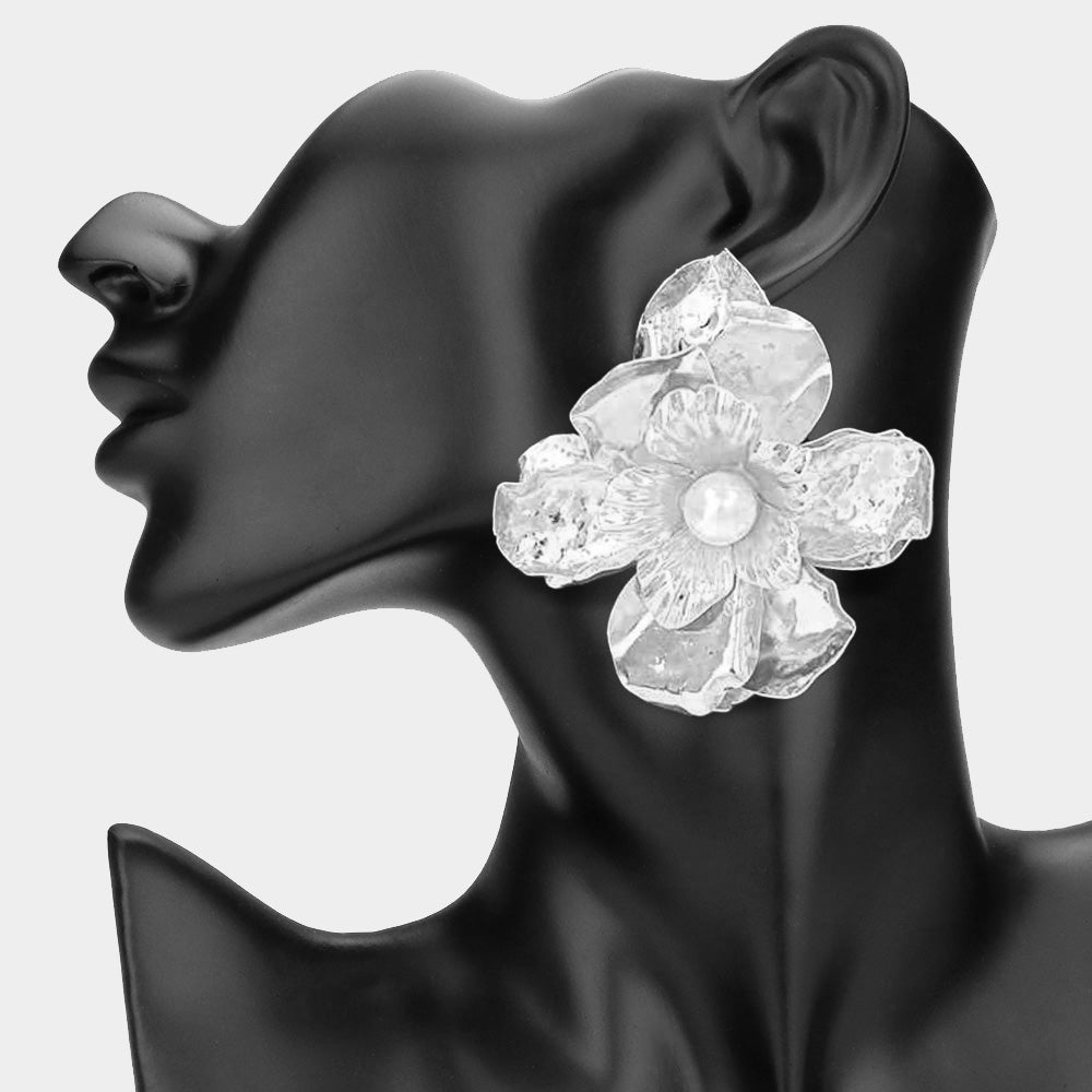Madeline Love Rhodium Oversized Pearl Pointed Hammered Metal Petal Flower Earrings - desc