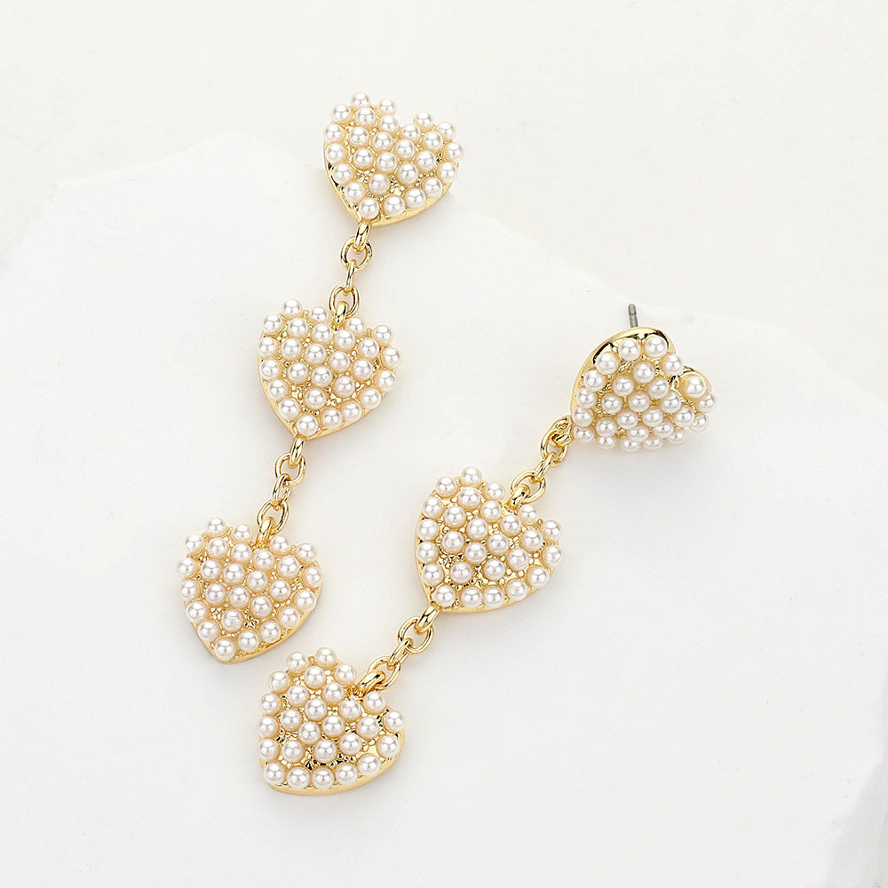 Triple Pearl Paved Heart Link Dropdown Earrings