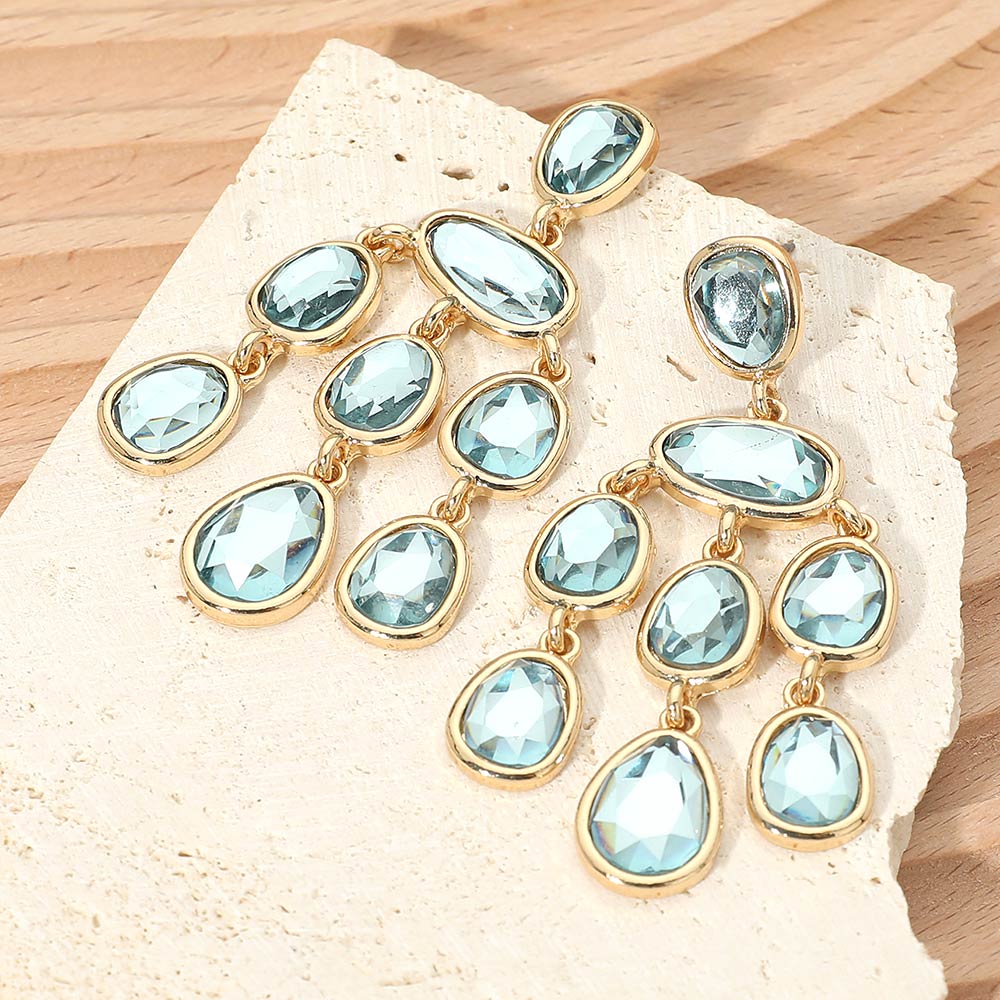 Madeline Love Aqua, Gold Teardrop Stone Cluster Chandelier Statement Earrings