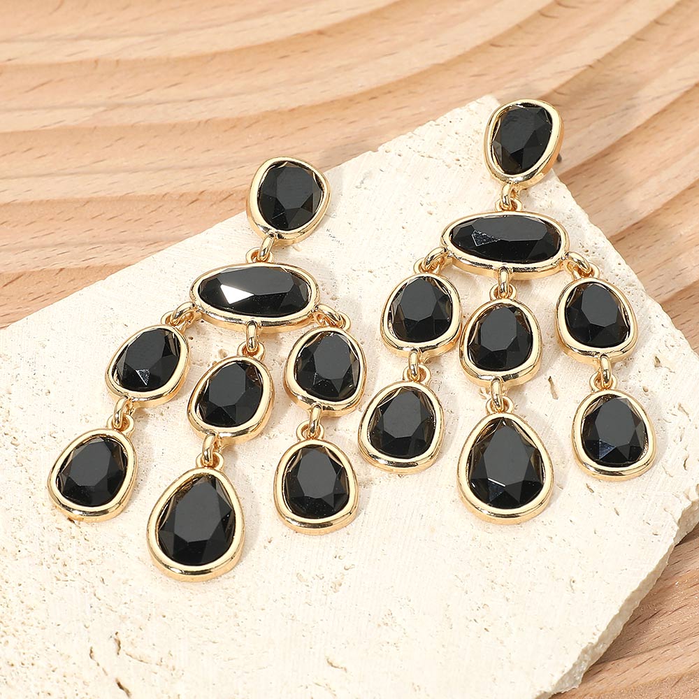 Madeline Love Black, Gold Teardrop Stone Cluster Chandelier Statement Earrings