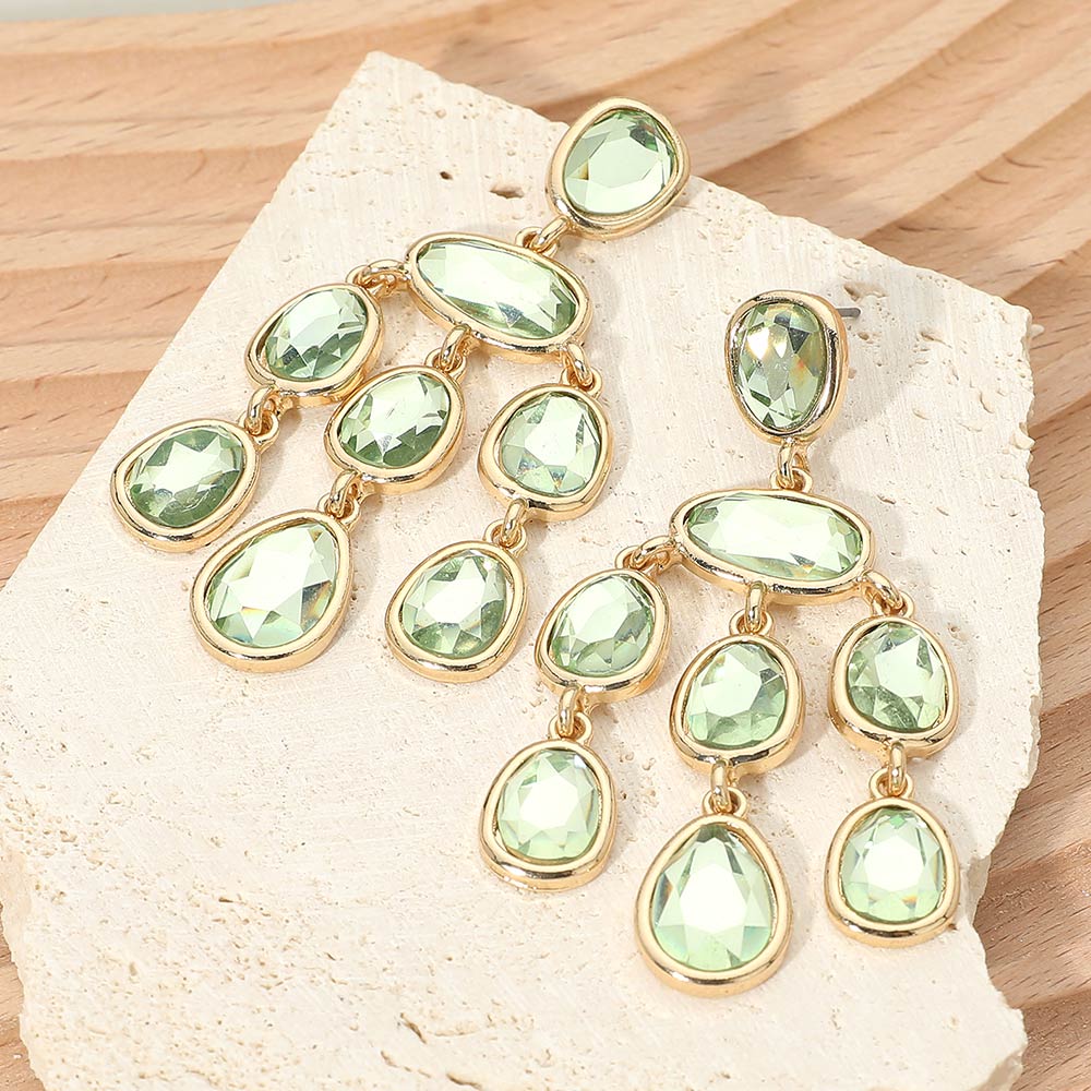 Madeline Love Gold, Green Teardrop Stone Cluster Chandelier Statement Earrings