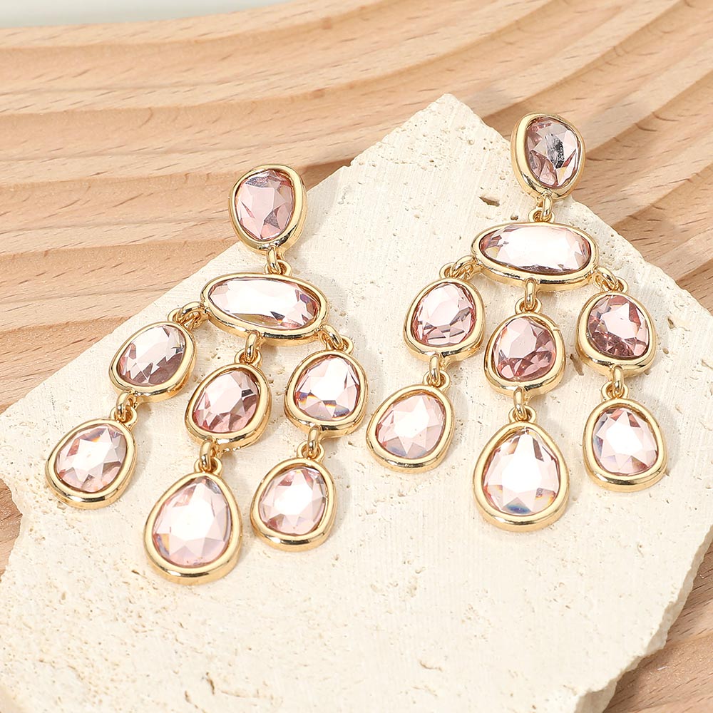 Madeline Love Gold, Pink Teardrop Stone Cluster Chandelier Statement Earrings