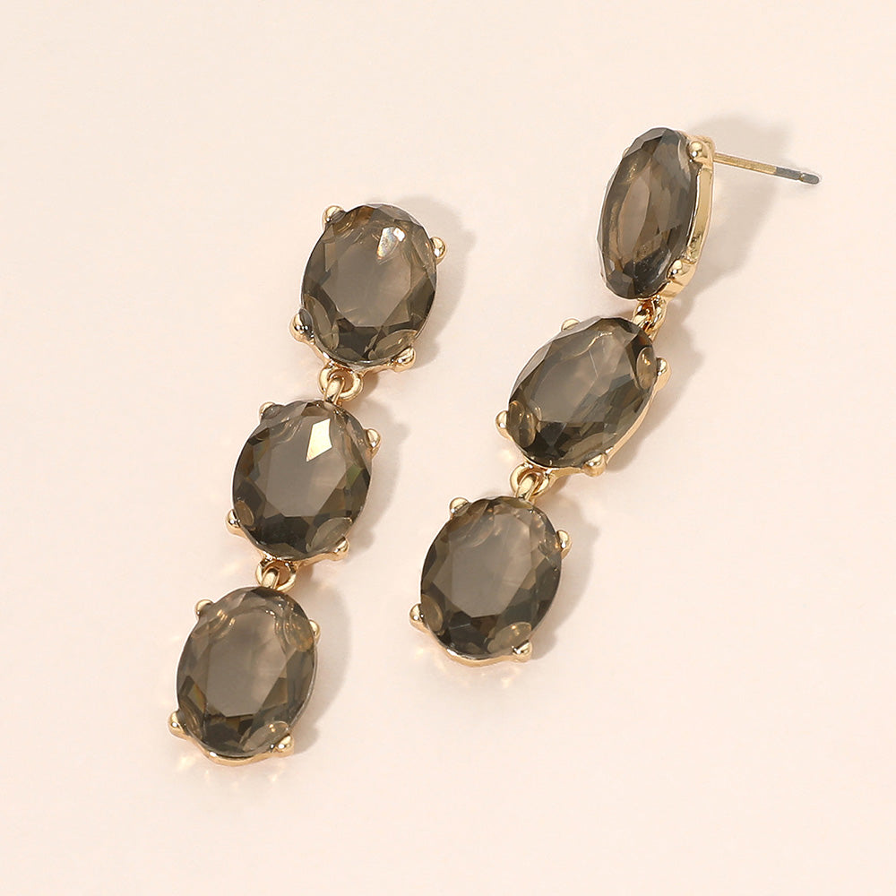 Madeline Love Black Diamond, Gold Triple Oval Glass Stone Link Drop Earrings