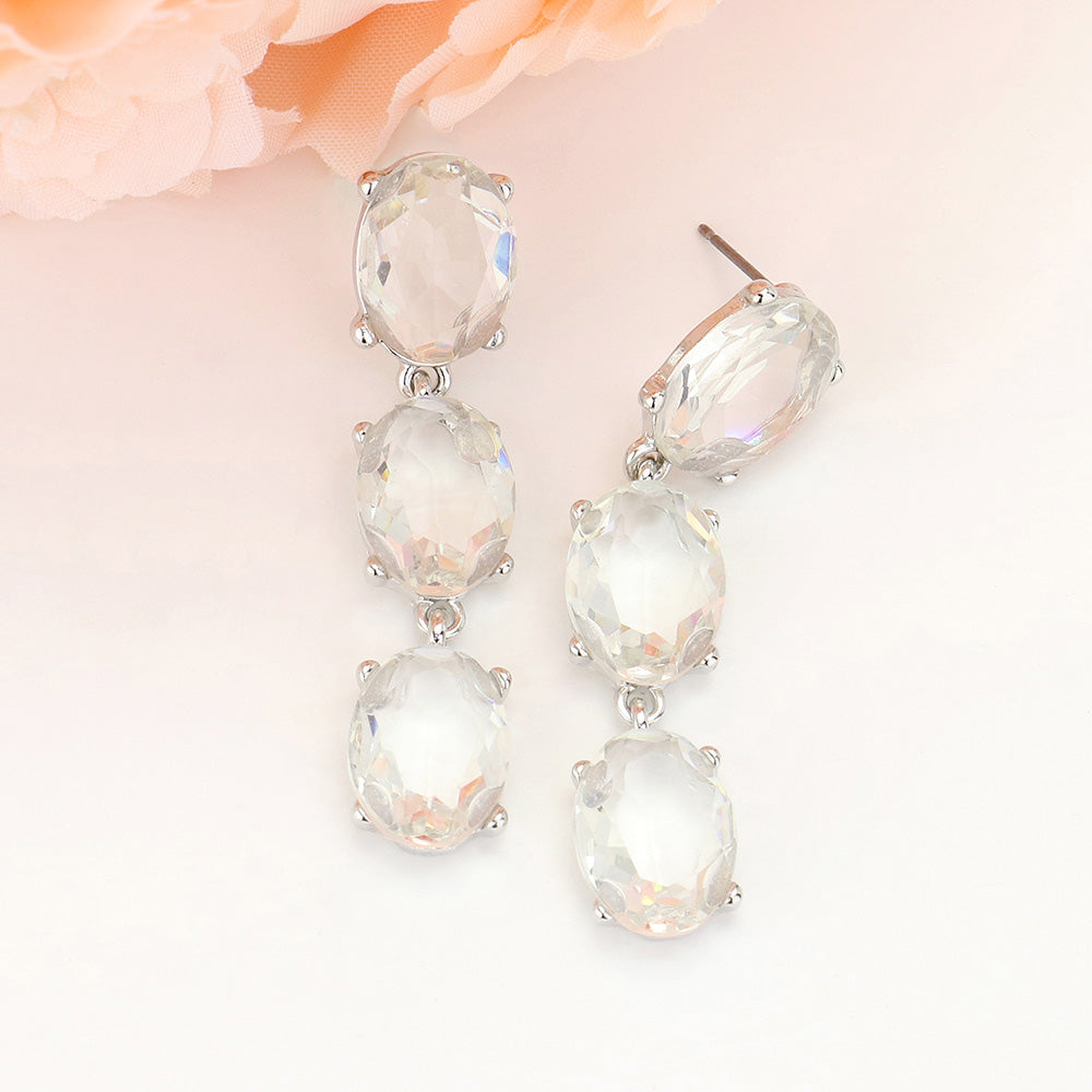 Madeline Love Clear, Silver Oval Glass Stone Link Dropdown Earrings
