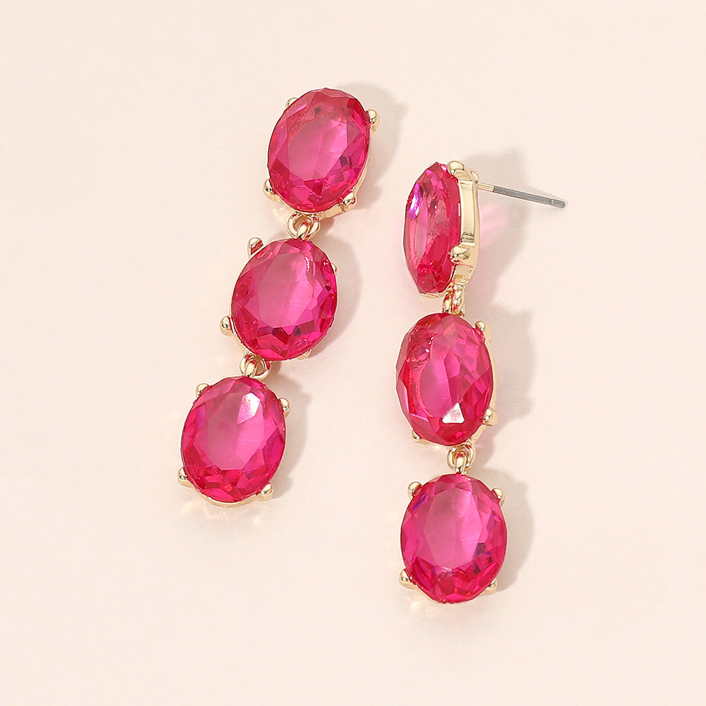 Madeline Love Fuchsia, Gold Triple Oval Glass Stone Link Drop Earrings