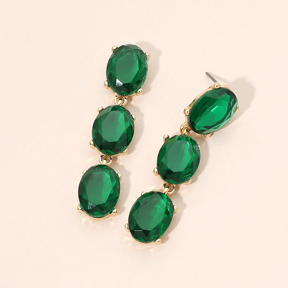 Madeline Love Gold, Green Triple Oval Glass Stone Link Drop Earrings
