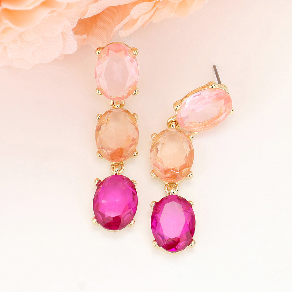 Madeline Love Gold, Pink Oval Glass Stone Link Dropdown Earrings