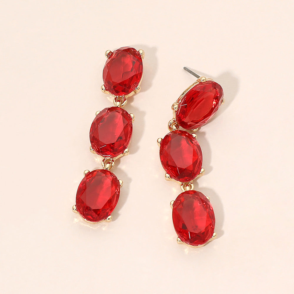 Madeline Love Gold, Red Triple Oval Glass Stone Link Drop Earrings