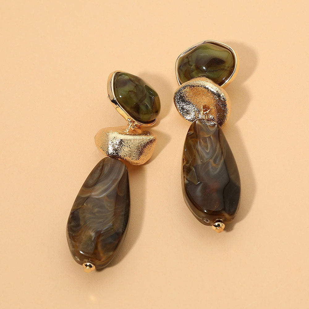 Madeline Love Brown, Gold, Multi Chunky Geometric Resin Pebble Link Drop Statement Earrings