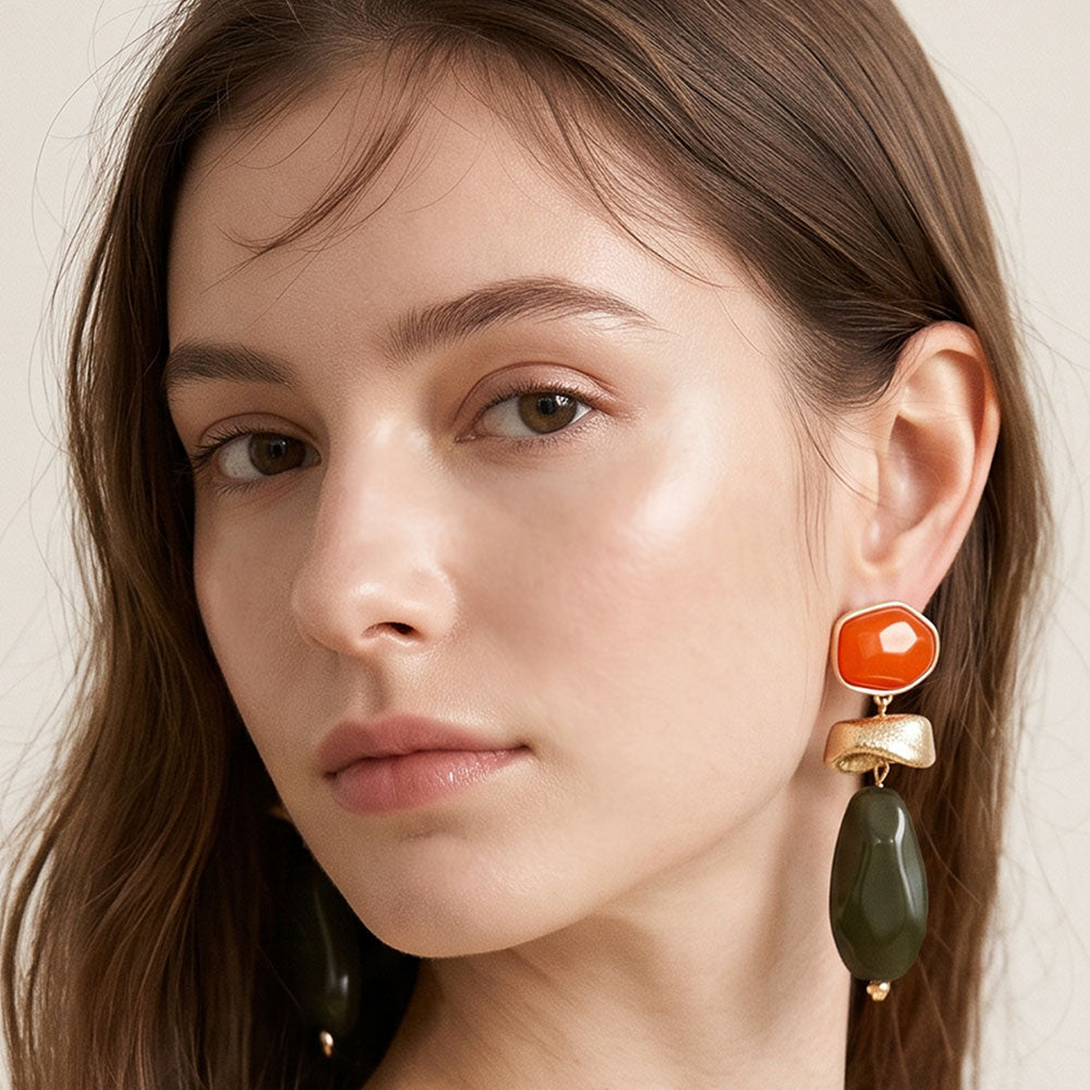 Madeline Love Gold, Multi, Olive Green Chunky Geometric Resin Pebble Link Drop Statement Earrings