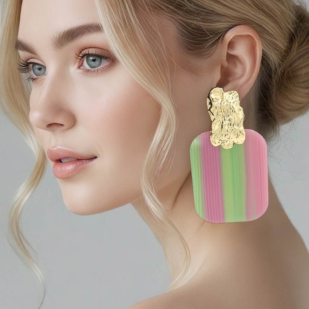 Madeline Love Gold, Pink&Green Oversized Patterned Celluloid Acetate Plate Accent Door Knocker Earrings