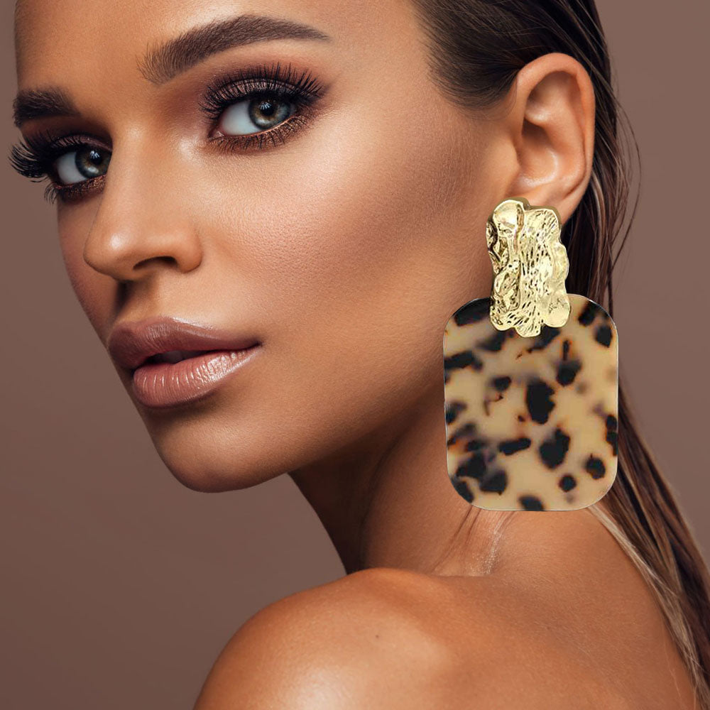 Madeline Love Beige, Gold, Leopard Oversized Patterned Celluloid Acetate Plate Accent Door Knocker Earrings