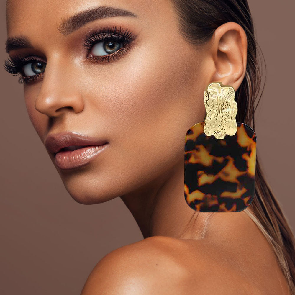 Madeline Love Brown, Gold, Leopard Oversized Patterned Celluloid Acetate Plate Accent Door Knocker Earrings