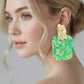 Madeline Love Gold, Green Oversized Patterned Celluloid Acetate Plate Accent Door Knocker Earrings