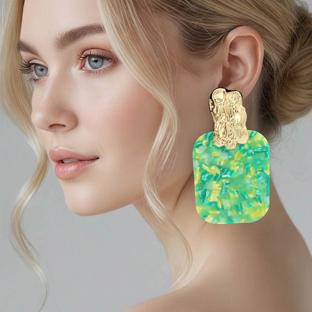 Madeline Love Gold, Green Oversized Patterned Celluloid Acetate Plate Accent Door Knocker Earrings