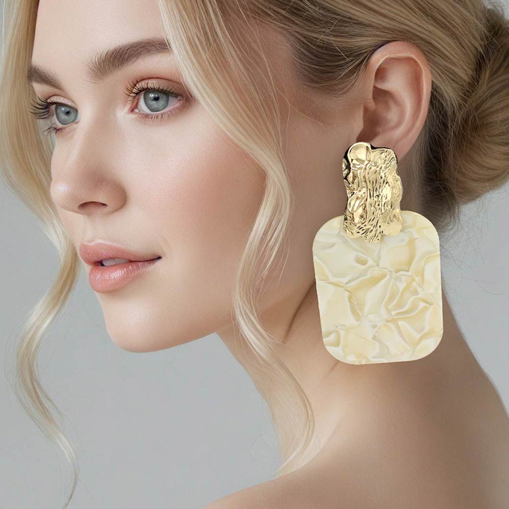 Madeline Love Gold, Ivory Oversized Patterned Celluloid Acetate Plate Accent Door Knocker Earrings