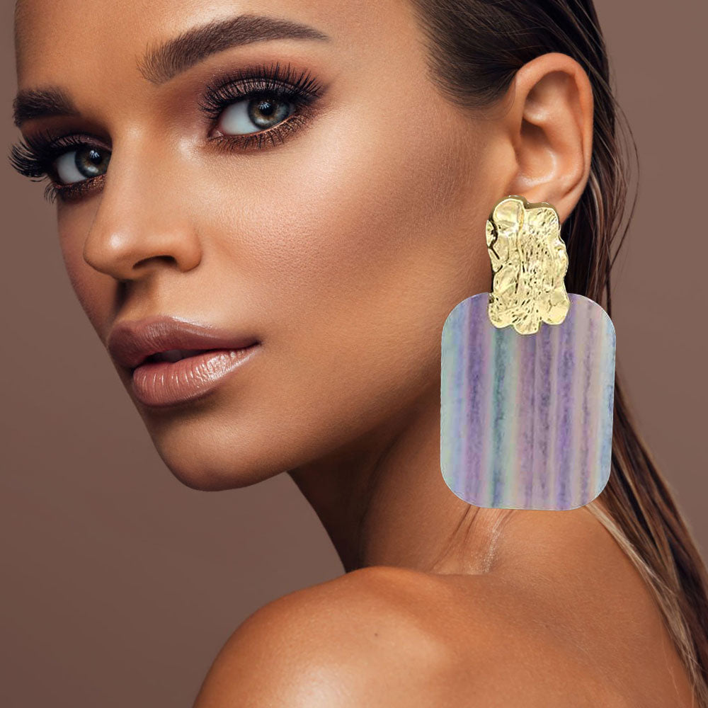 Madeline Love Blue, Gold, Multi Oversized Patterned Celluloid Acetate Plate Accent Door Knocker Earrings