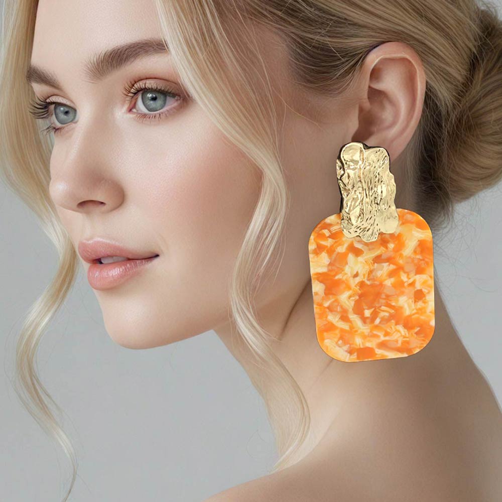 Madeline Love Gold, Orange Oversized Patterned Celluloid Acetate Plate Accent Door Knocker Earrings