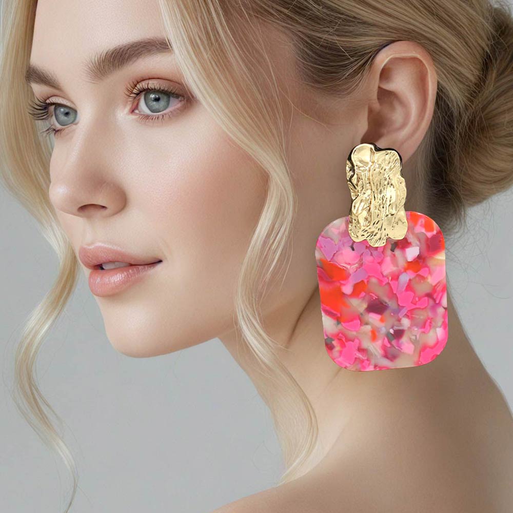 Madeline Love Gold, Pink Oversized Patterned Celluloid Acetate Plate Accent Door Knocker Earrings