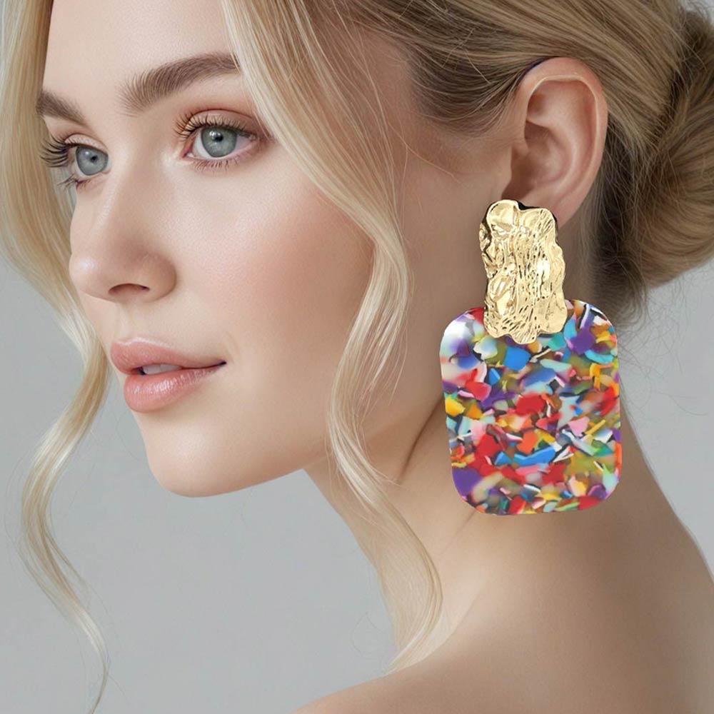 Madeline Love Gold, Multi, Yellow Oversized Patterned Celluloid Acetate Plate Accent Door Knocker Earrings