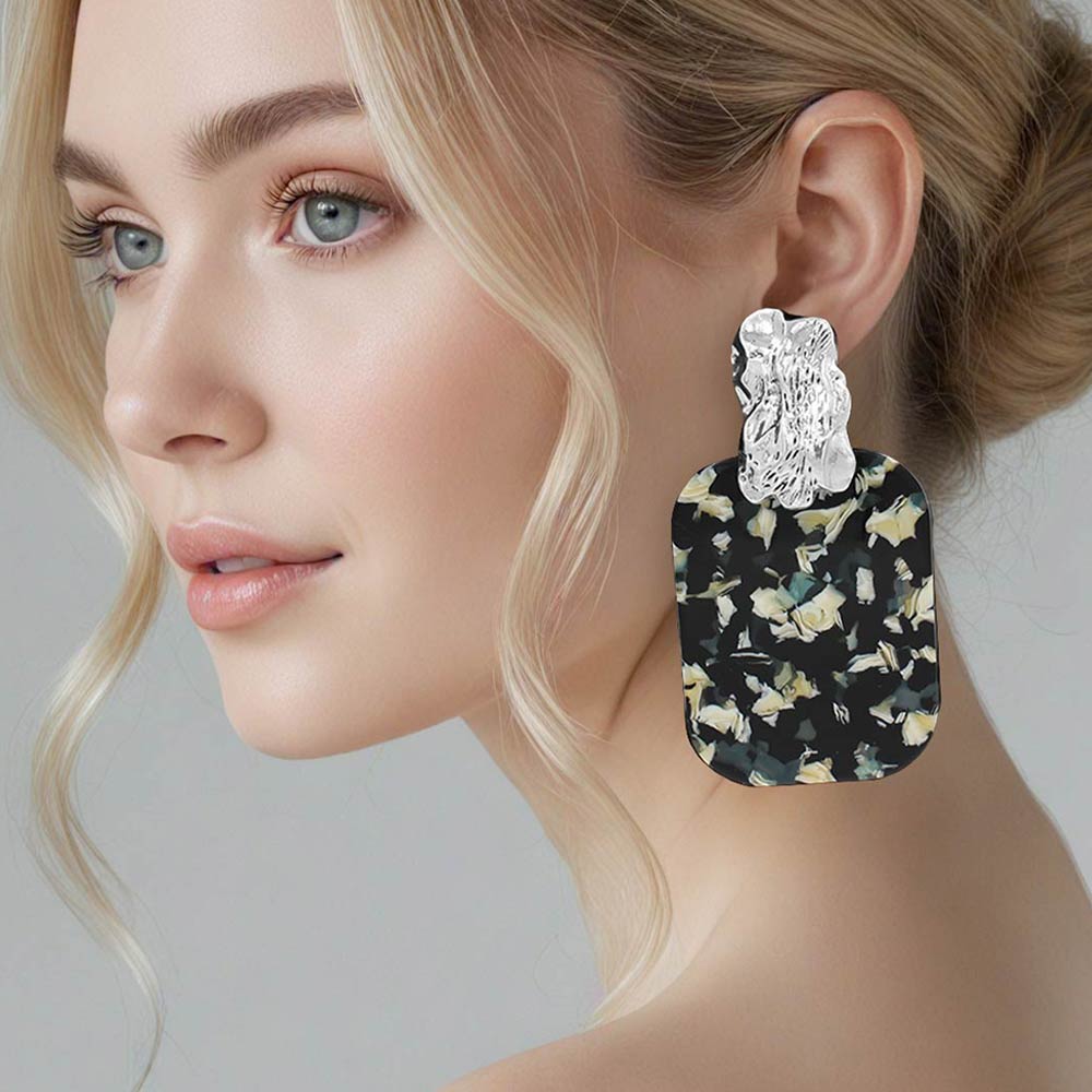 Madeline Love Black, Rhodium Oversized Patterned Celluloid Acetate Plate Accent Door Knocker Earrings