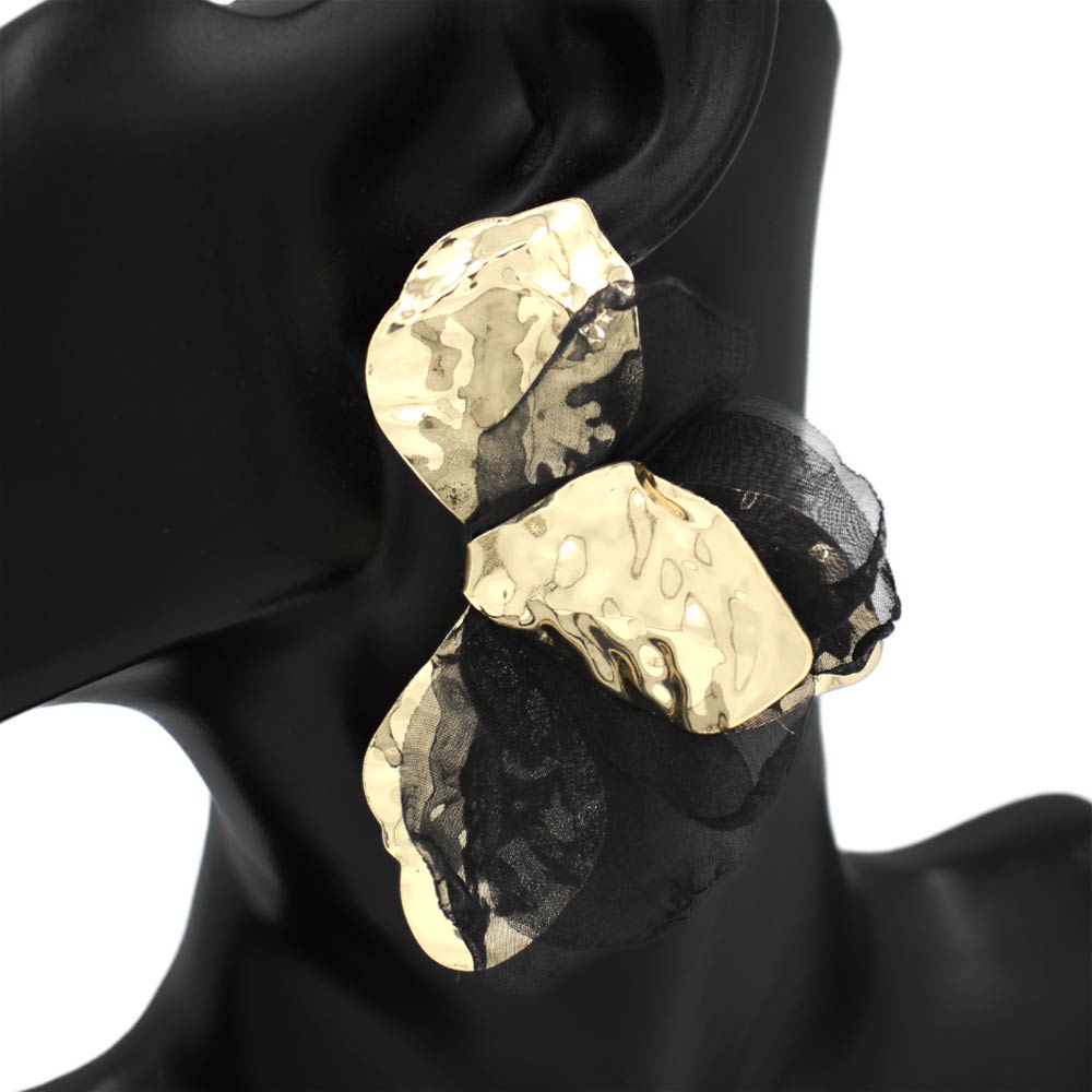 Madeline Love Black, Gold Oversized Sculpted Floral Petal Earrings - desc