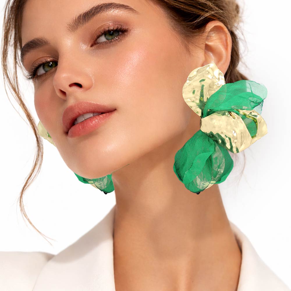 Madeline Love Gold, Green Oversized Sculpted Floral Petal Earrings