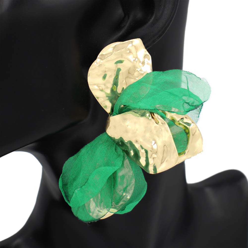 Madeline Love Gold, Green Oversized Sculpted Floral Petal Earrings - desc