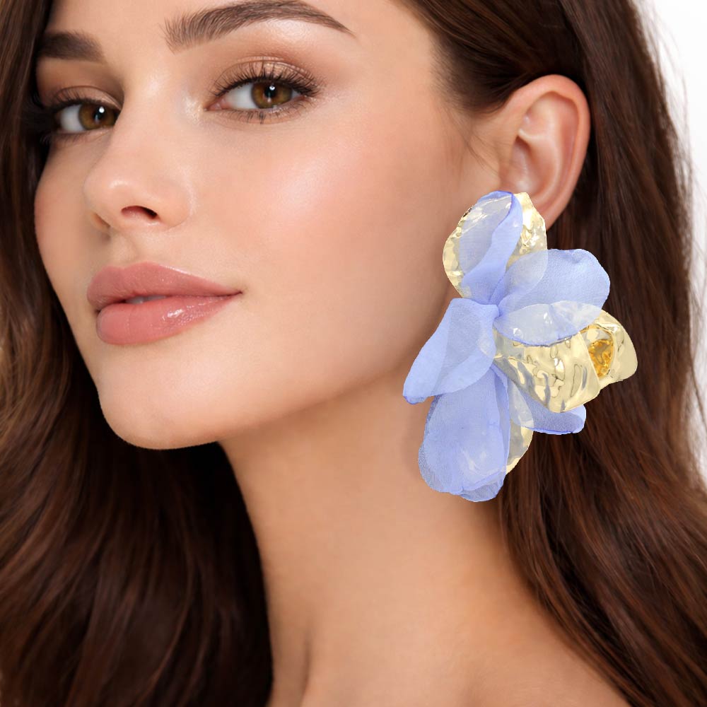 Madeline Love Gold, Light Blue Oversized Sculpted Floral Petal Earrings