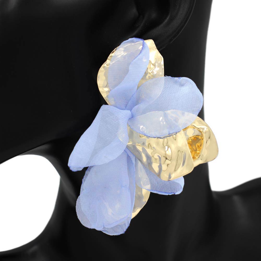 Madeline Love Gold, Light Blue Oversized Sculpted Floral Petal Earrings - desc